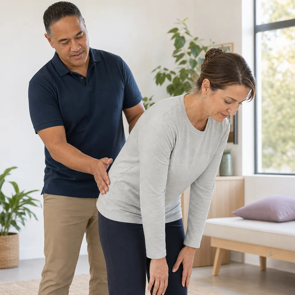 Physiotherapist observing a patient's back movement during an assessment