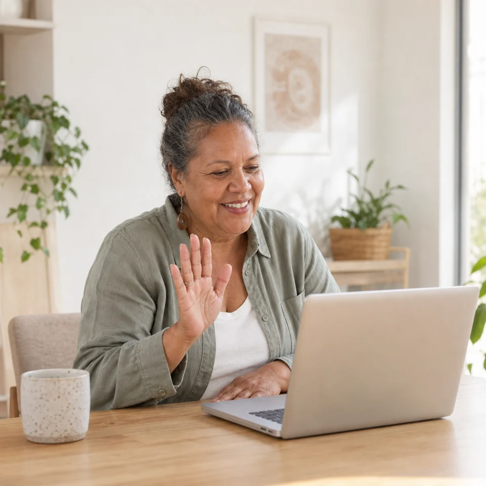 Woman at home on a video check-in with her care team