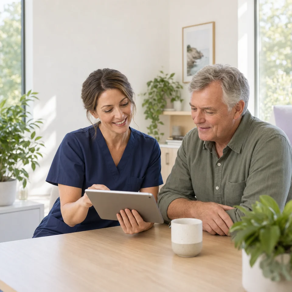 A nurse and a patient look at a tablet together during a pre-operative conversation