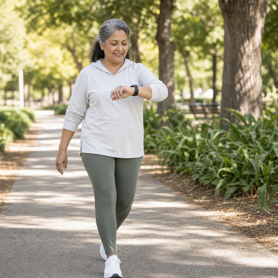 A woman walks briskly on a park path, checking her smartwatch