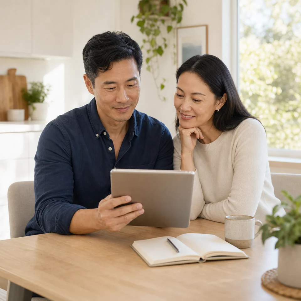 A couple at a kitchen table read information about an operation on a tablet