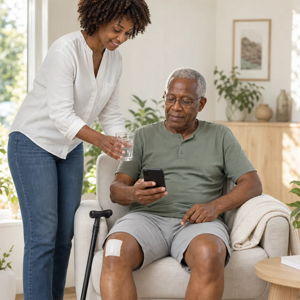 An older man recovering at home in an armchair looks at his phone, with a walking stick nearby