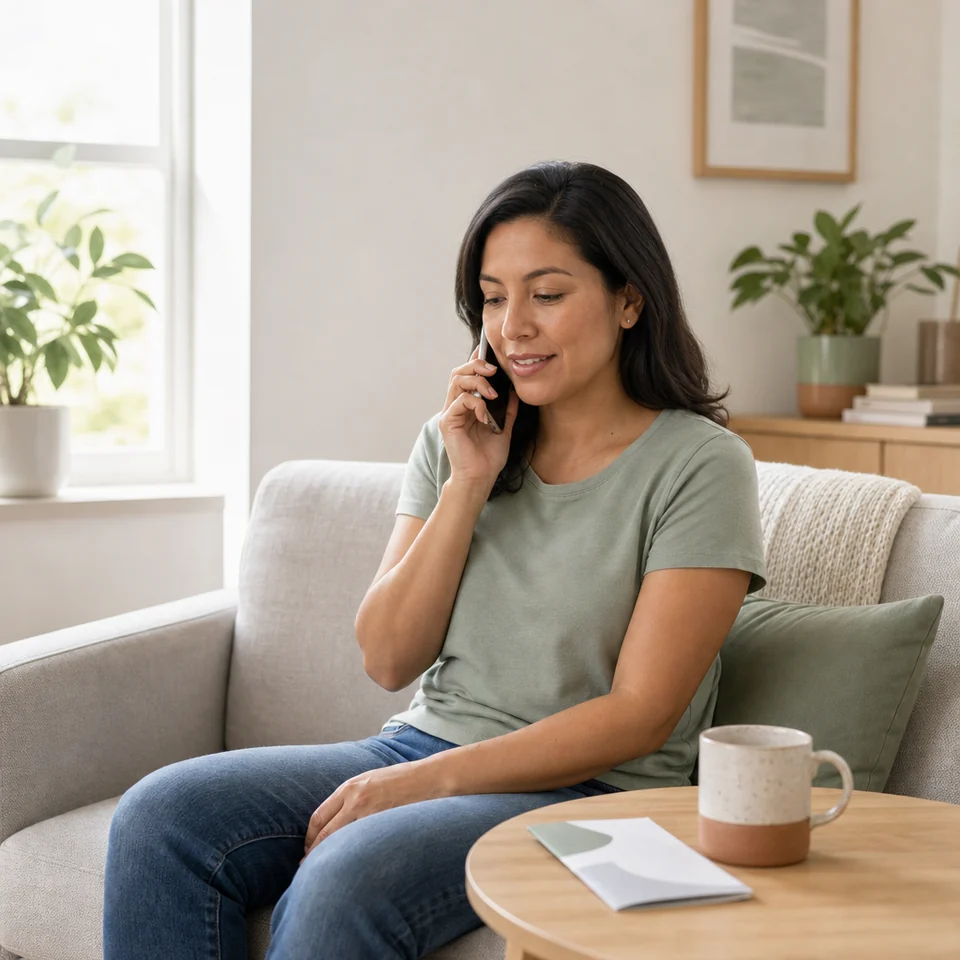 A woman at home makes a calm phone call to her care team