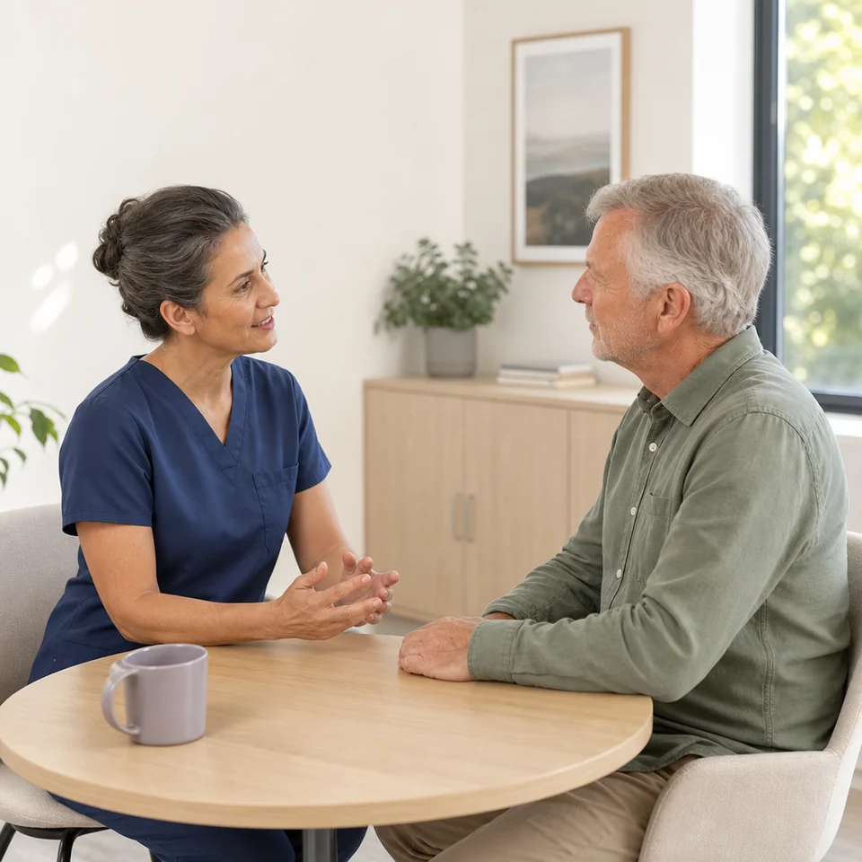 A surgeon and a patient talk at a small table in a consultation room