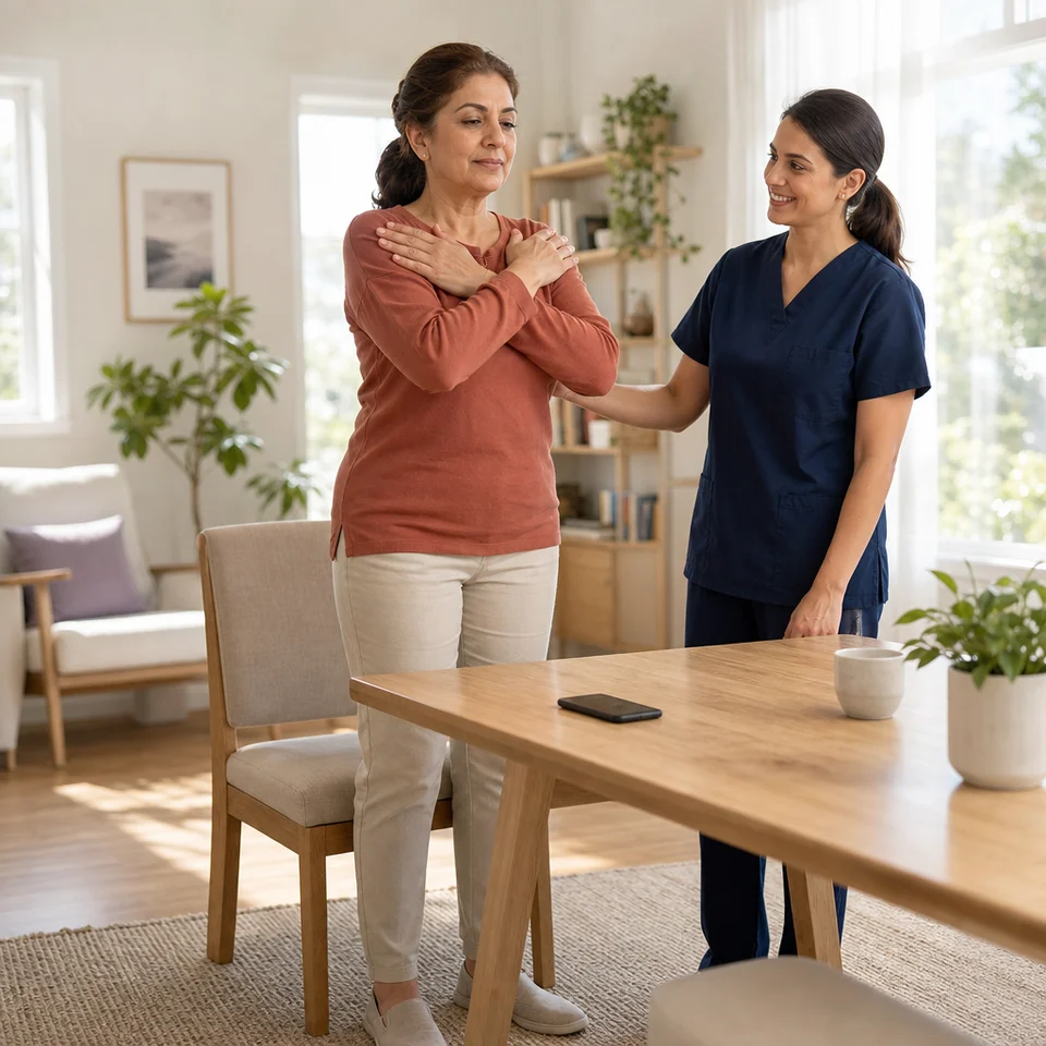 A woman does a sit-to-stand exercise from a chair at home