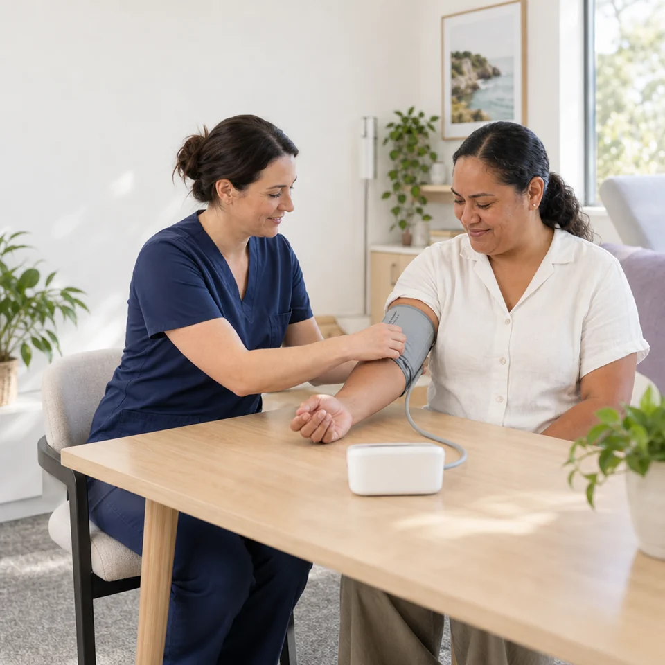 A nurse measures a patient's blood pressure during a pre-operative assessment