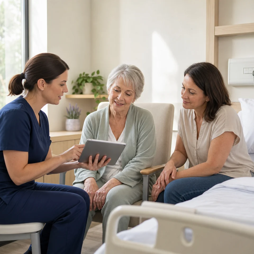 A nurse talks through a recovery plan with a patient and her daughter