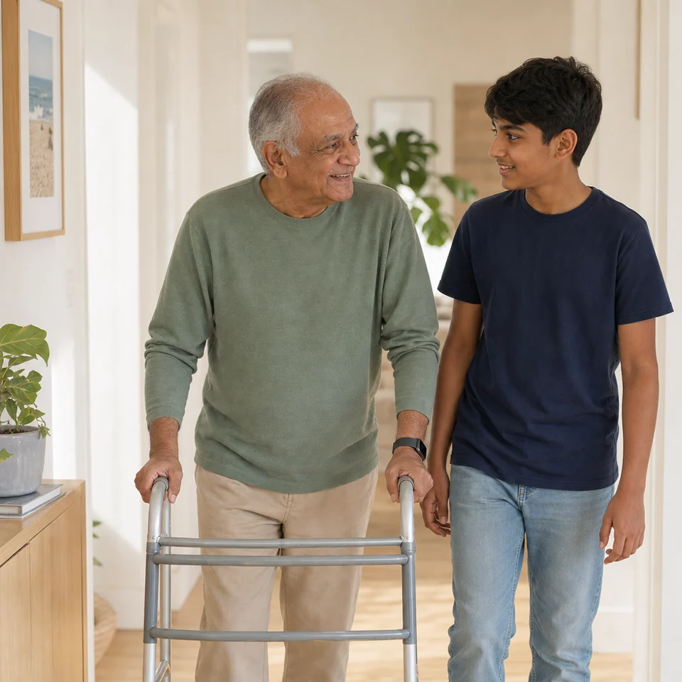An older man walks along his hallway with a walking frame, his grandson beside him