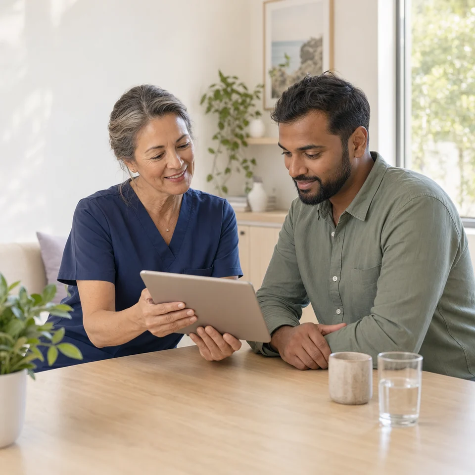 A clinician and a patient reviewing a headache diary together on a tablet