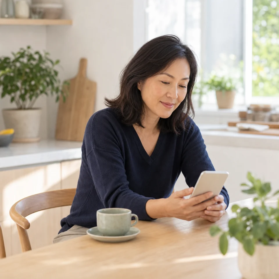 A woman recording an entry in her headache diary on her phone at home