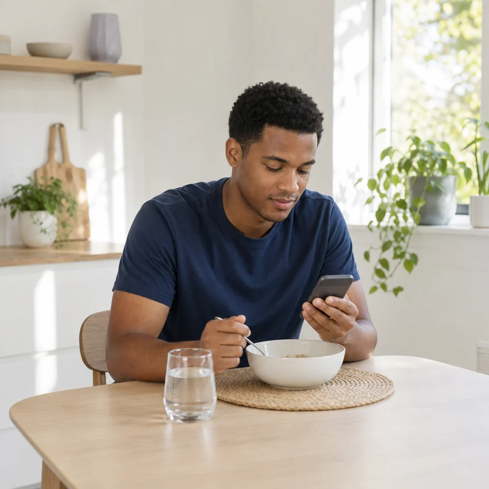 A young man eating breakfast at home and checking his phone