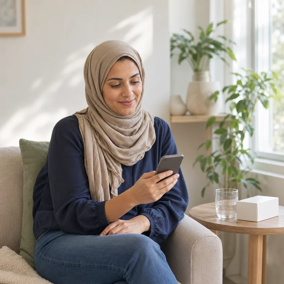 A woman at home noting a treatment in her headache diary on her phone