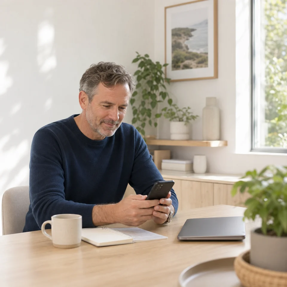 A man pausing at his home office desk to complete a check-in on his phone