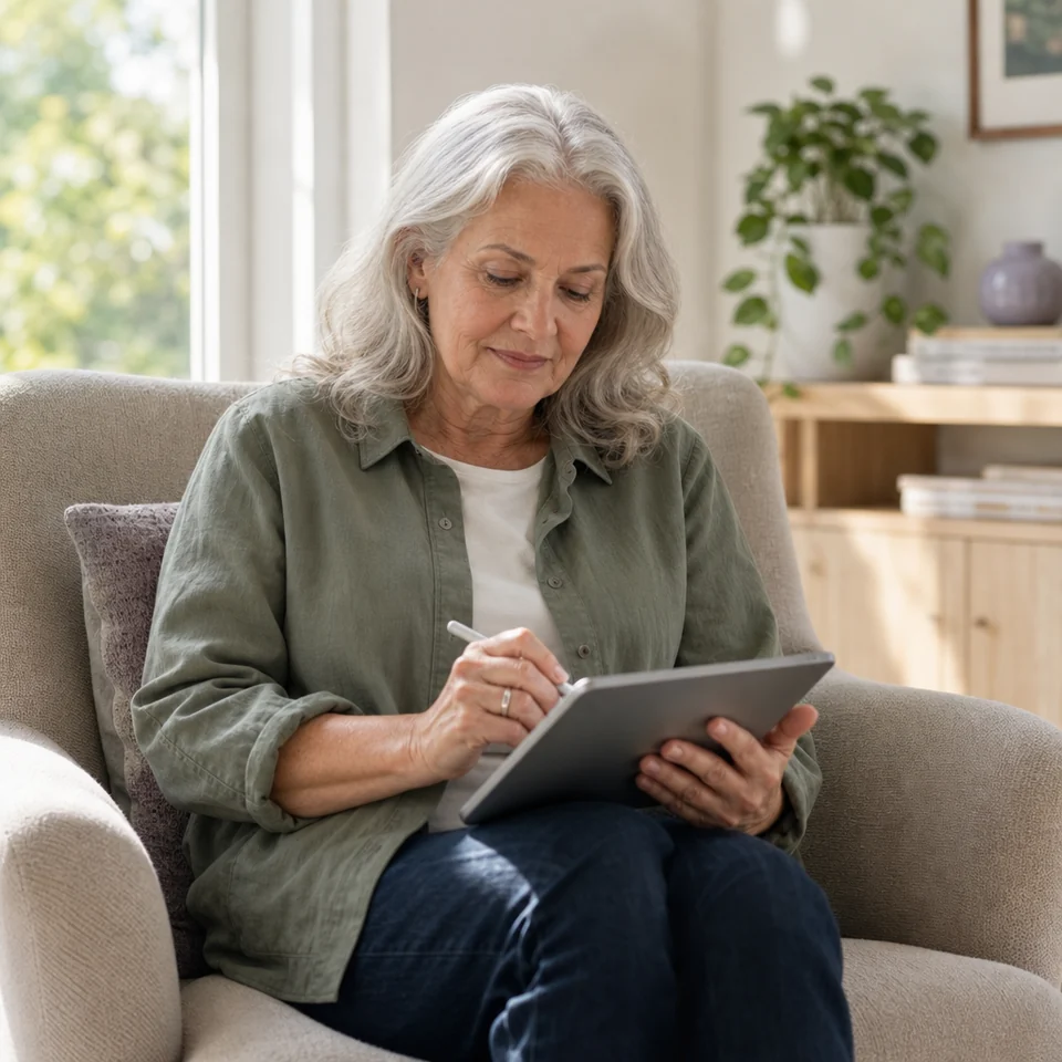 An older woman completing a headache history form on a tablet at home