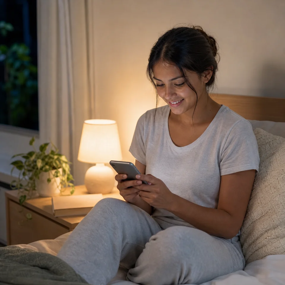 A young woman adding an evening entry to her headache diary on her phone