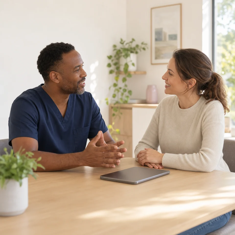 A clinician discussing a headache pattern with a patient in a consultation room