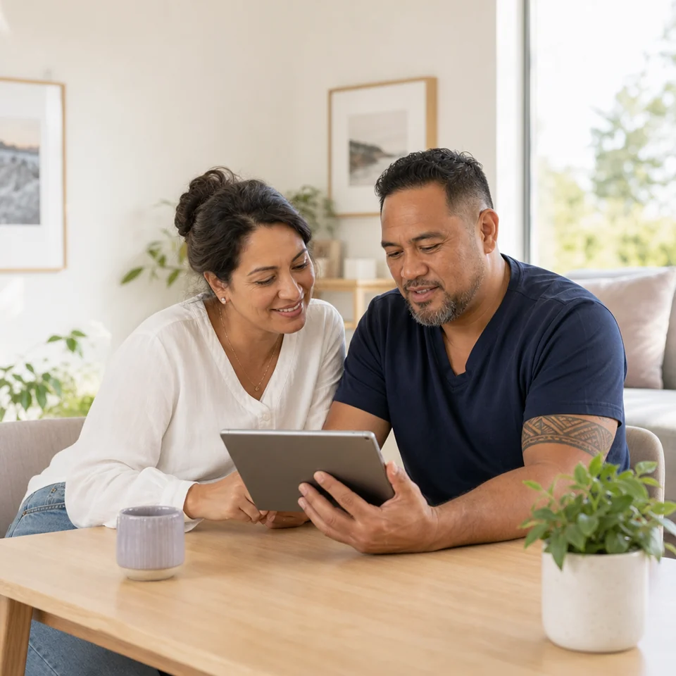 A couple reading migraine plan information together on a tablet at home