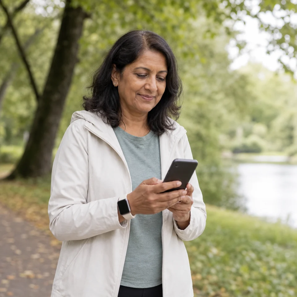 A woman pausing on a walk to check a reminder on her phone