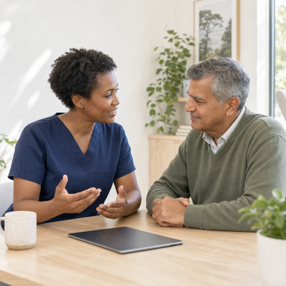 A clinician and a patient talking together during a heart health consultation