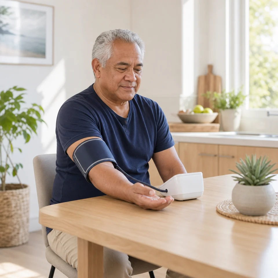 A man measuring his blood pressure at his kitchen table, with his arm supported at heart level