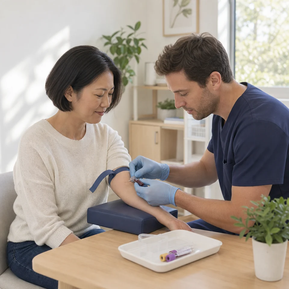 A nurse taking a blood sample from a seated patient's inner elbow in a clinic
