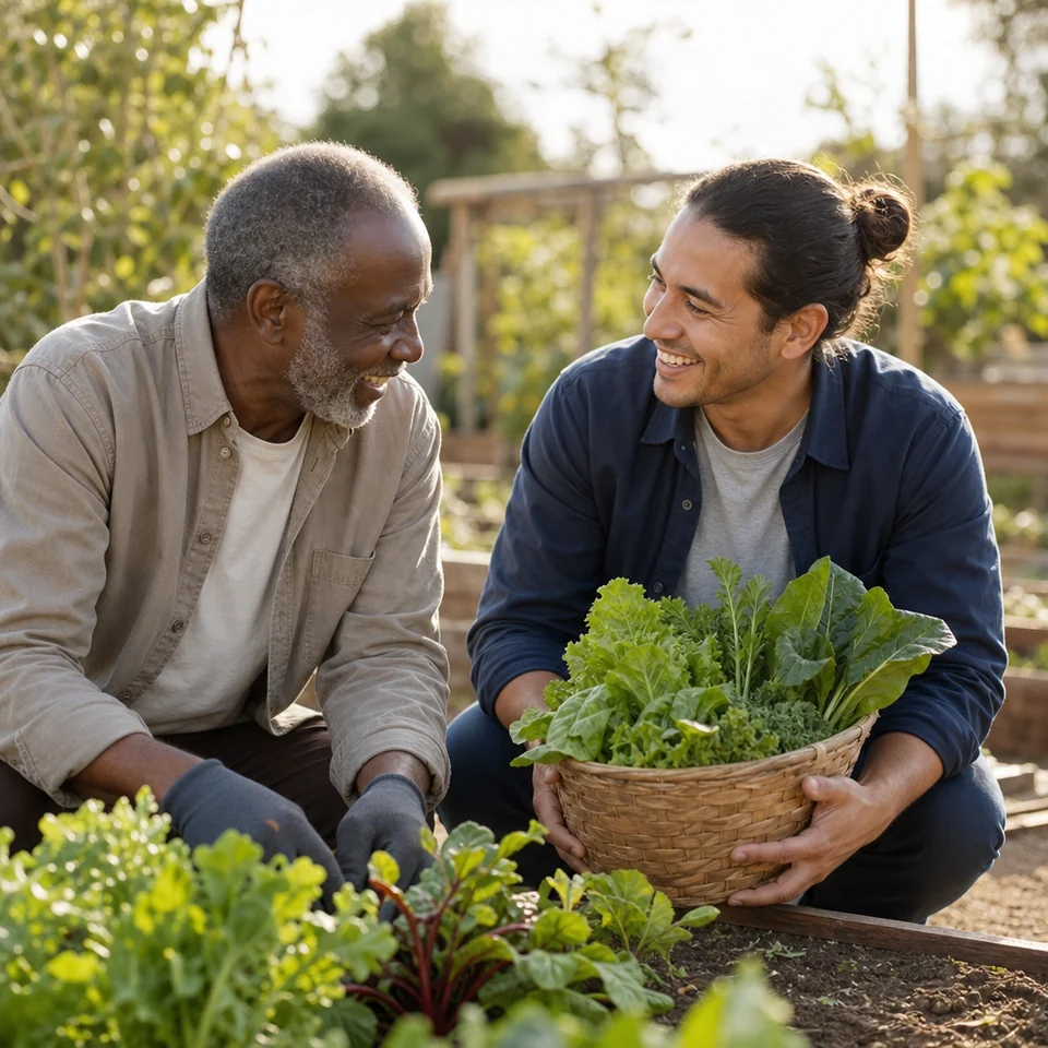 Two neighbours tending vegetables together in a community garden
