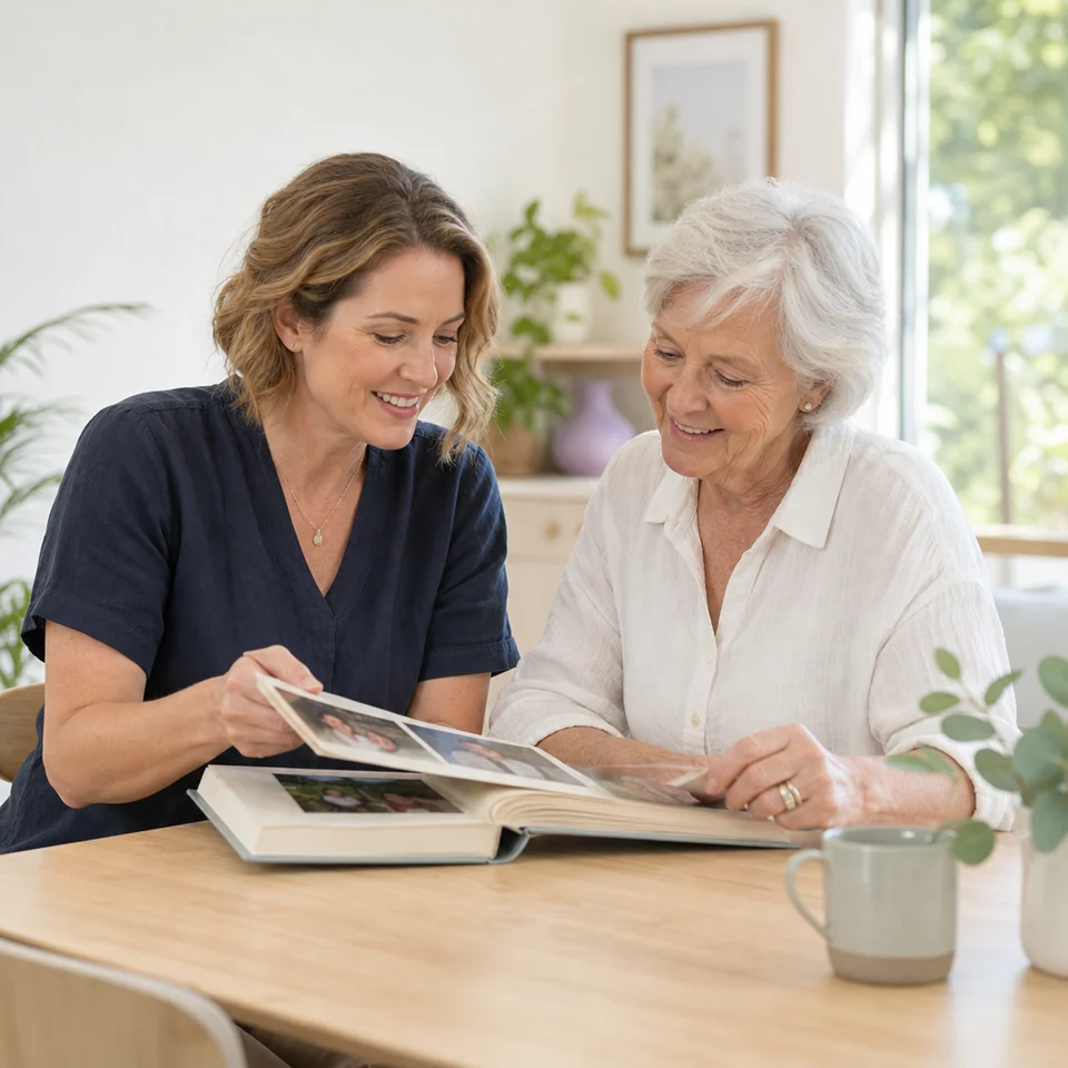 A woman and her mother looking through a family photo album at home