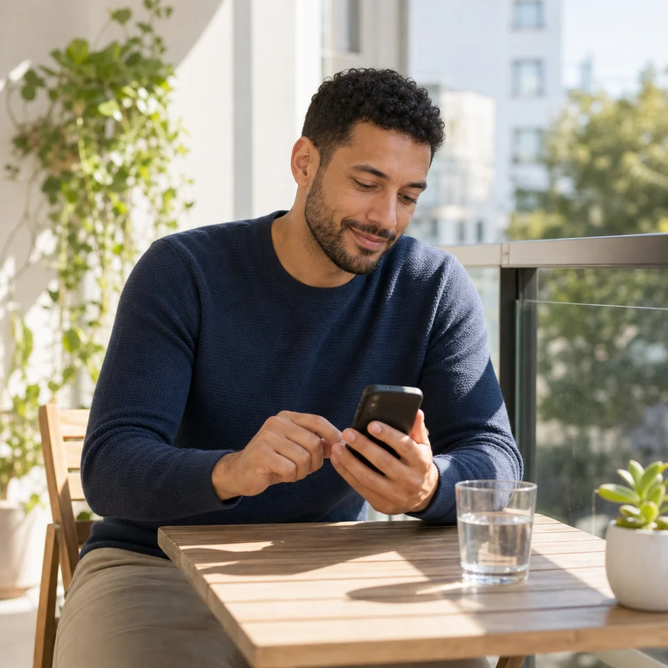 A man completing a health history form on his phone at home