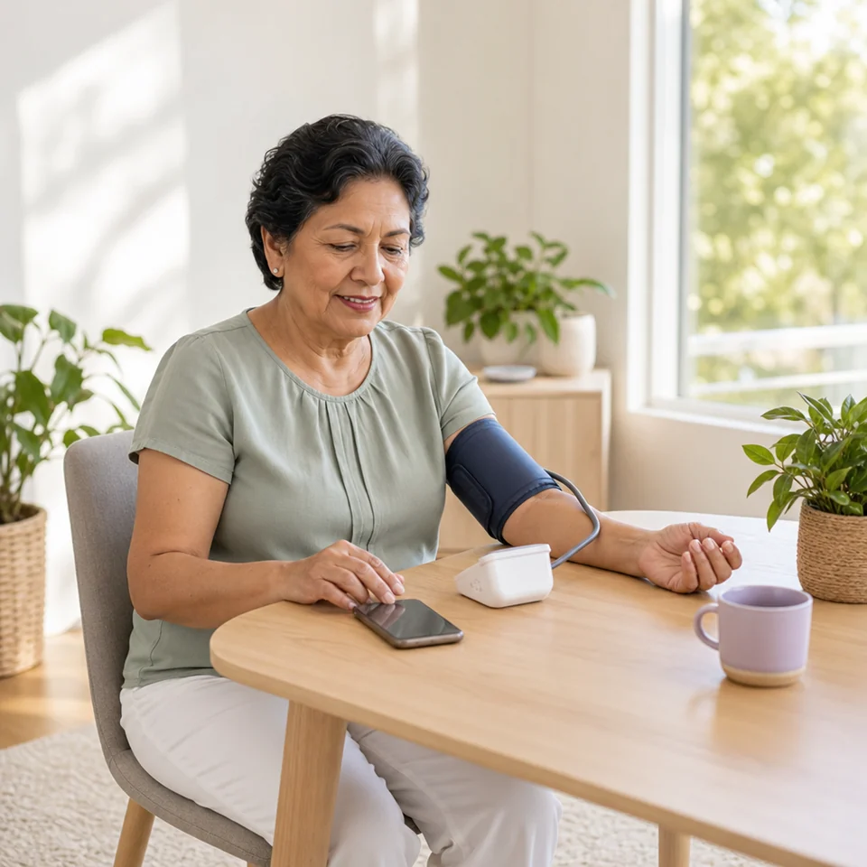 A woman taking a blood pressure reading at her desk at home