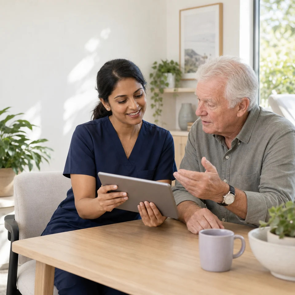 A clinician and an older patient reviewing information together on a tablet