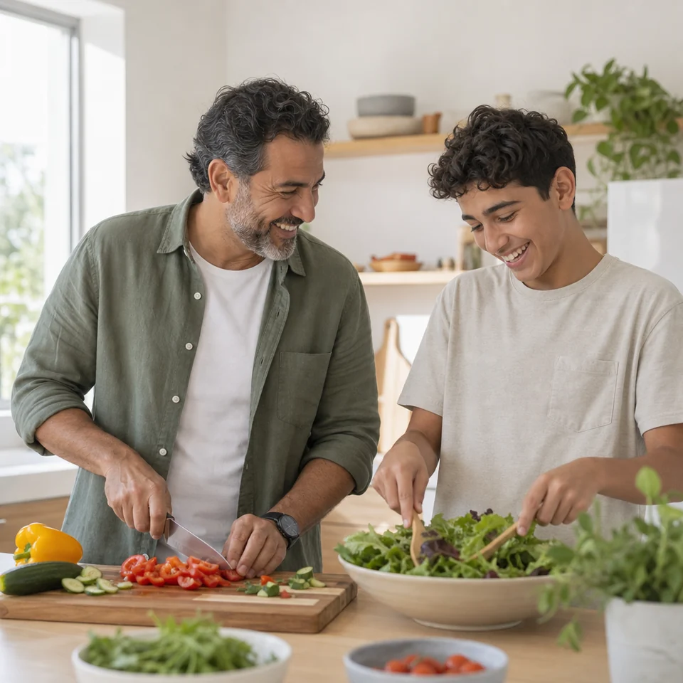 A father and son preparing a fresh salad together at home