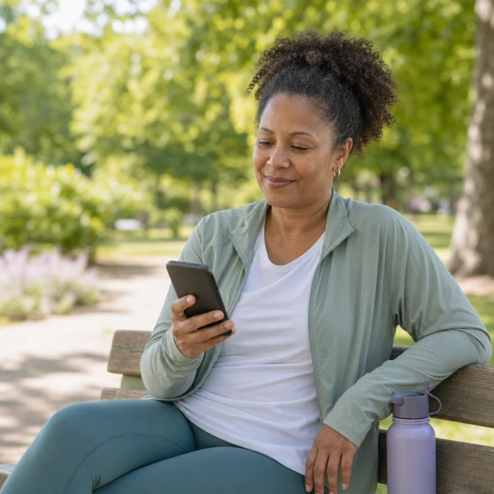 A woman on a park bench reading a message from her care team on her phone