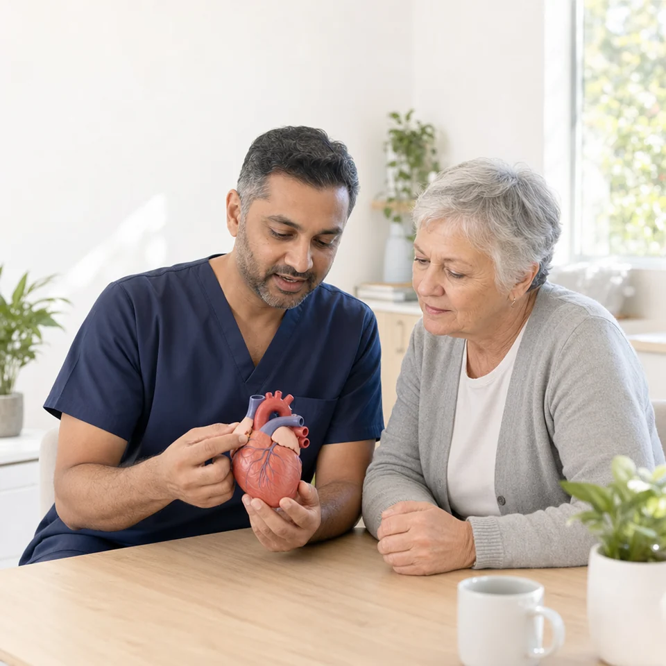 A clinician explaining a heart model to an older patient during a consultation