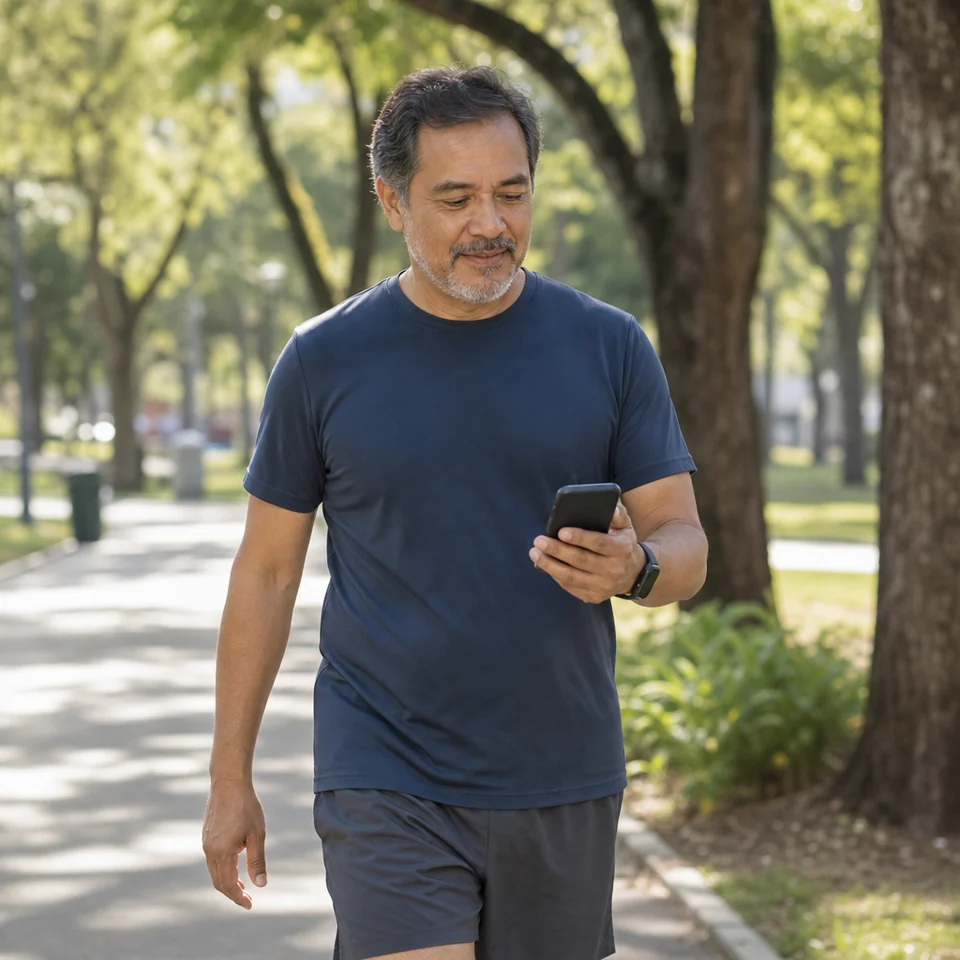 A middle-aged man walking briskly in a park in the morning with his phone in hand