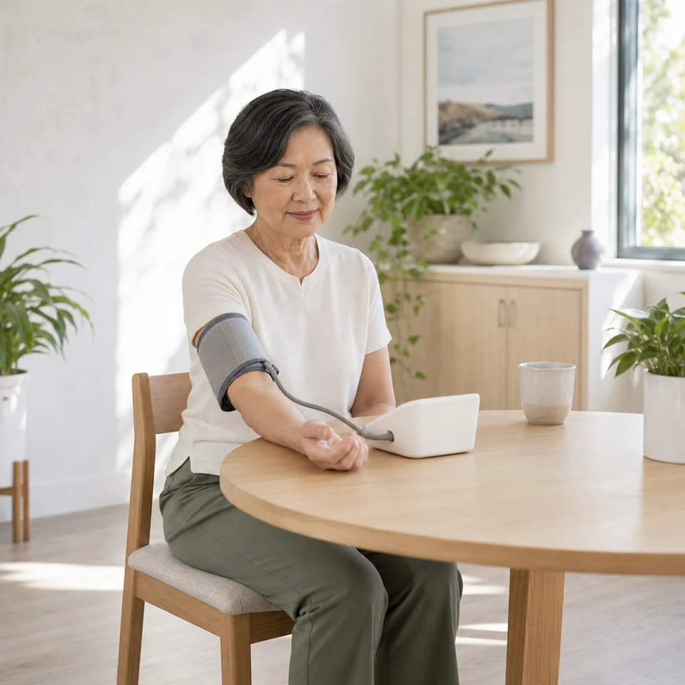 A woman measuring her blood pressure with an upper-arm cuff at her dining table