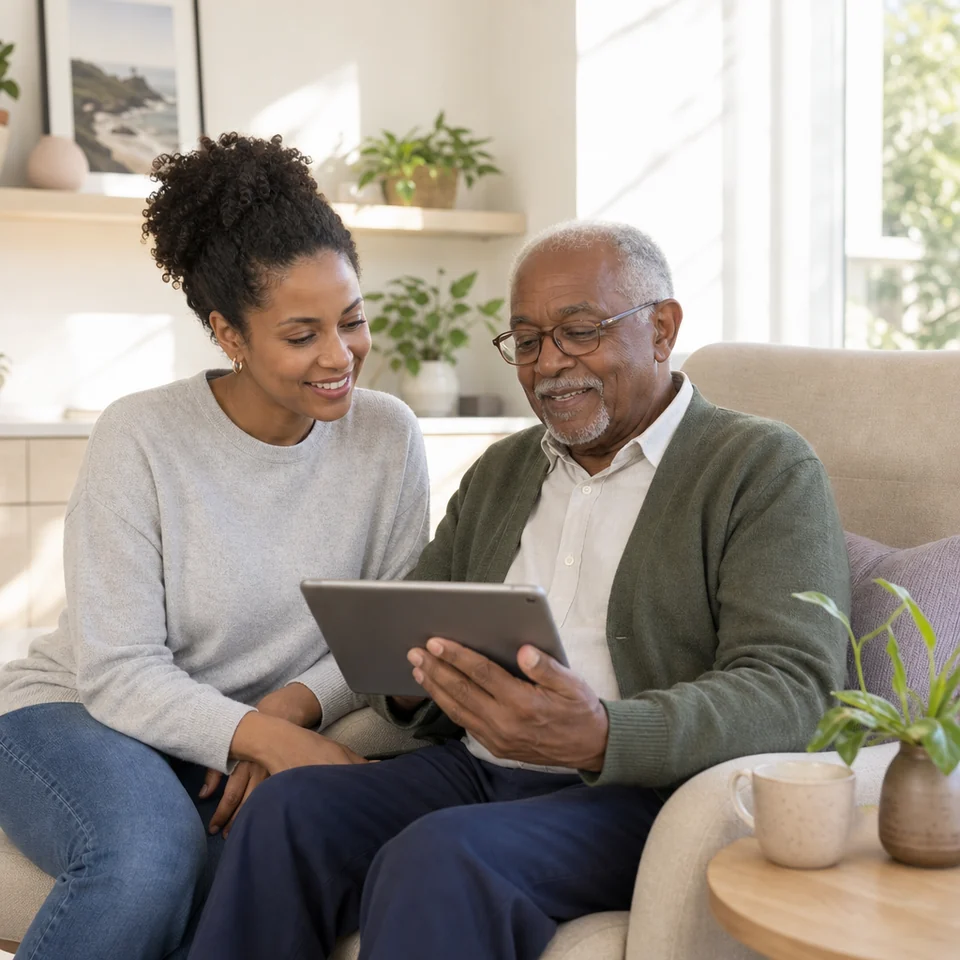 An older man and his daughter on a video call with his care team at home