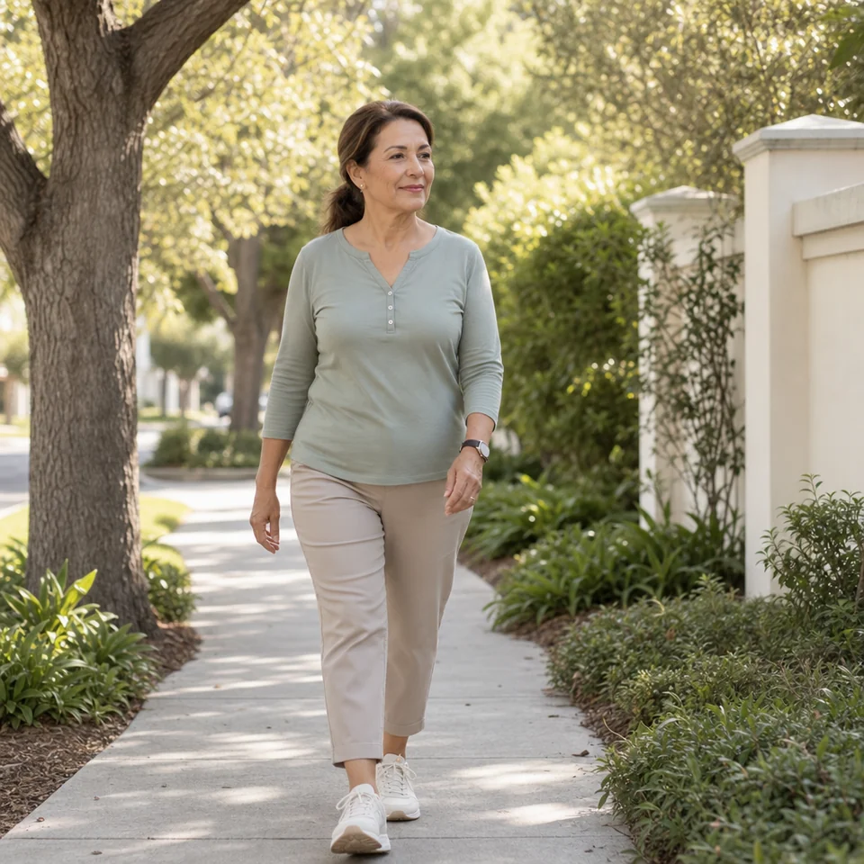 A woman taking a steady morning walk along a suburban footpath as part of her rehab plan