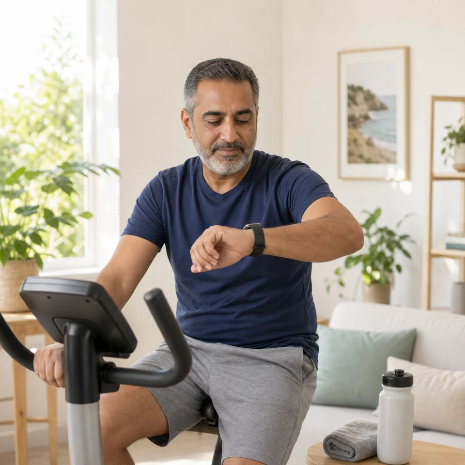 A man resting on an exercise bike at home after a session, checking his watch
