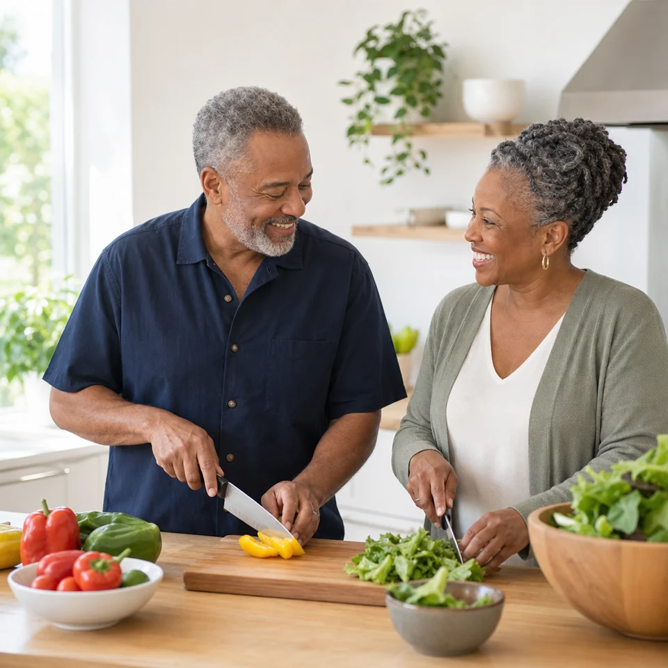 An older couple preparing a vegetable meal together in their kitchen