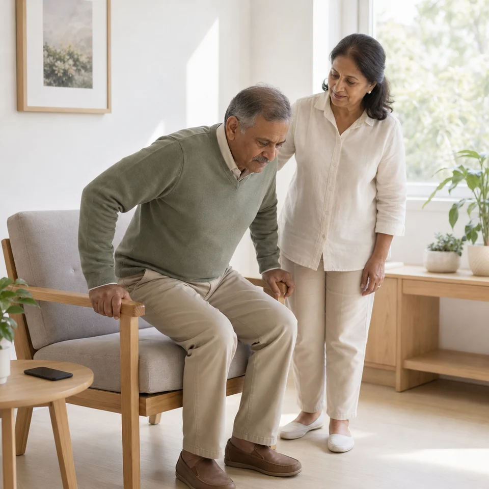 Man practising a sit-to-stand exercise at home with his wife beside him