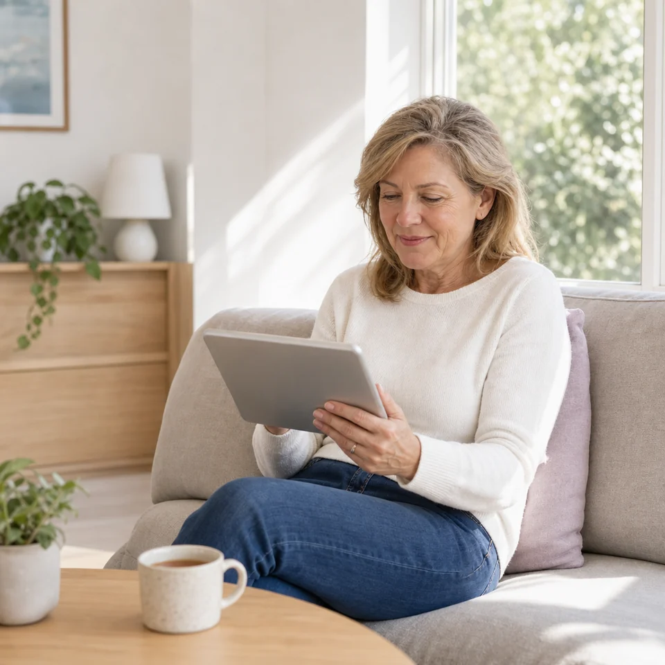 Woman resting on a sofa and answering a short energy check-in on a tablet