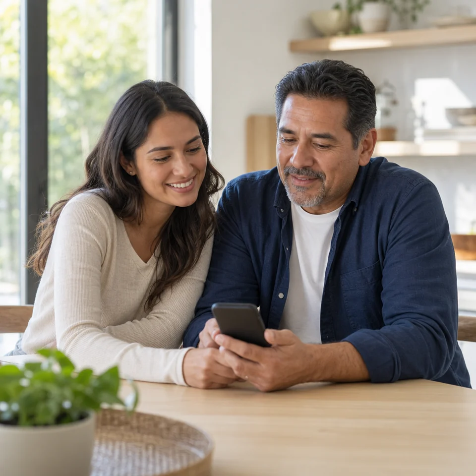 Man and his daughter completing a wellbeing check-in together at home