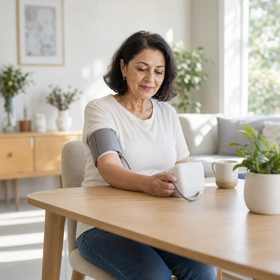 Woman measuring her blood pressure at home with an upper-arm monitor