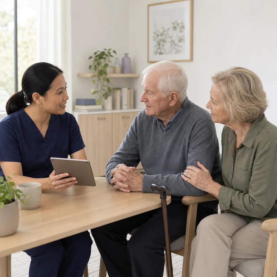 Stroke nurse talking with an older man and his wife about recovery goals