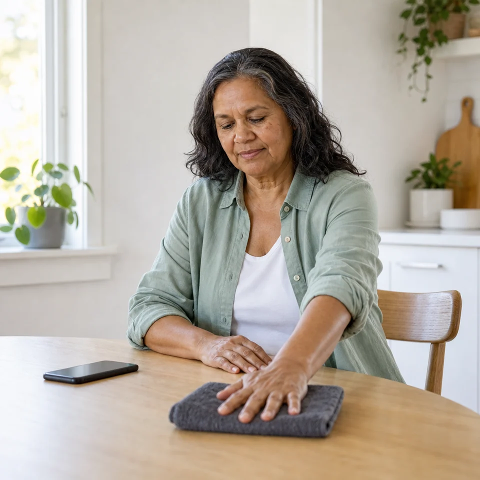 Woman doing a gentle arm exercise with a towel at her kitchen table