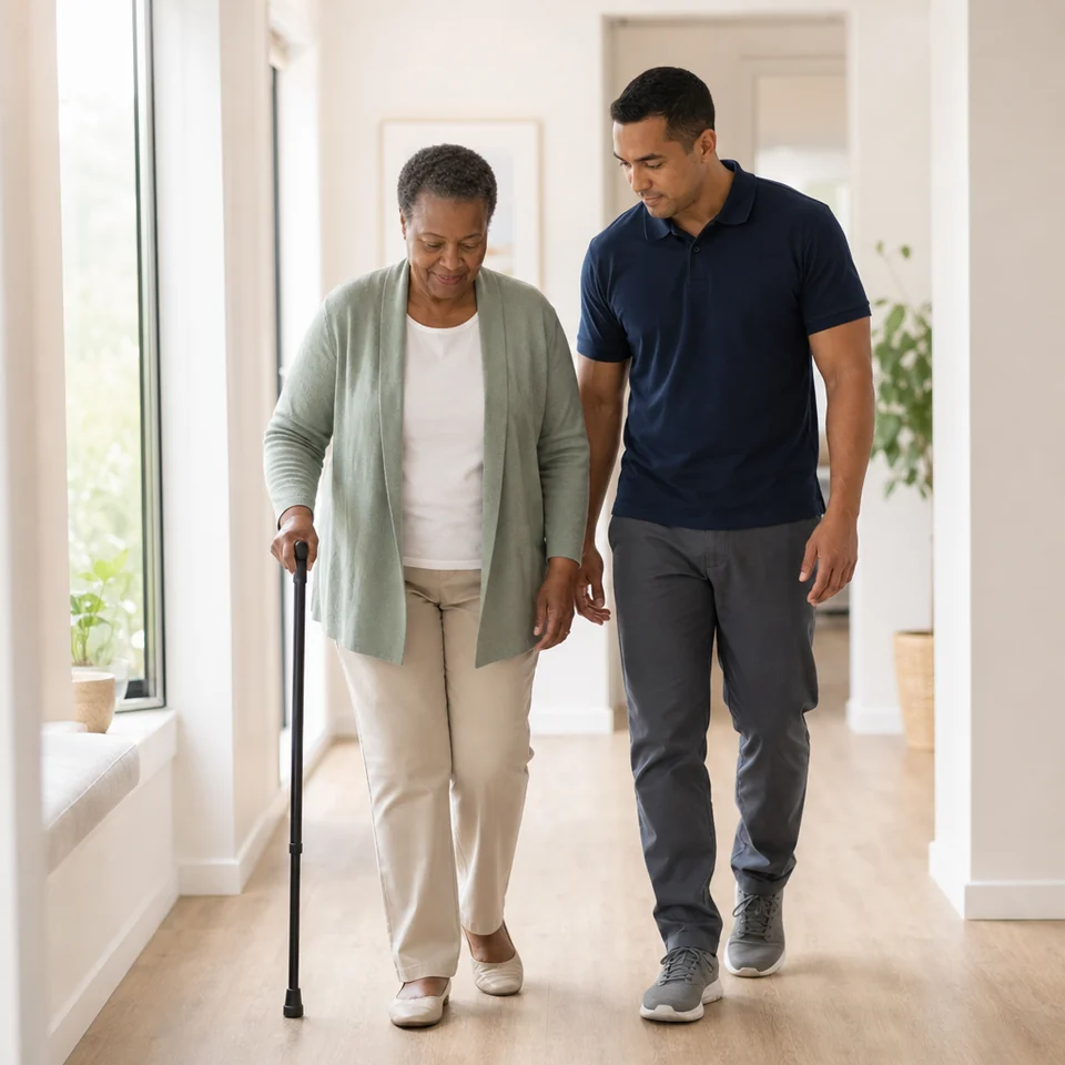 Physiotherapist walking beside a woman using a walking stick during a review