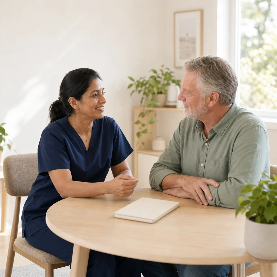 Speech and language therapist and a man agreeing his next recovery goals