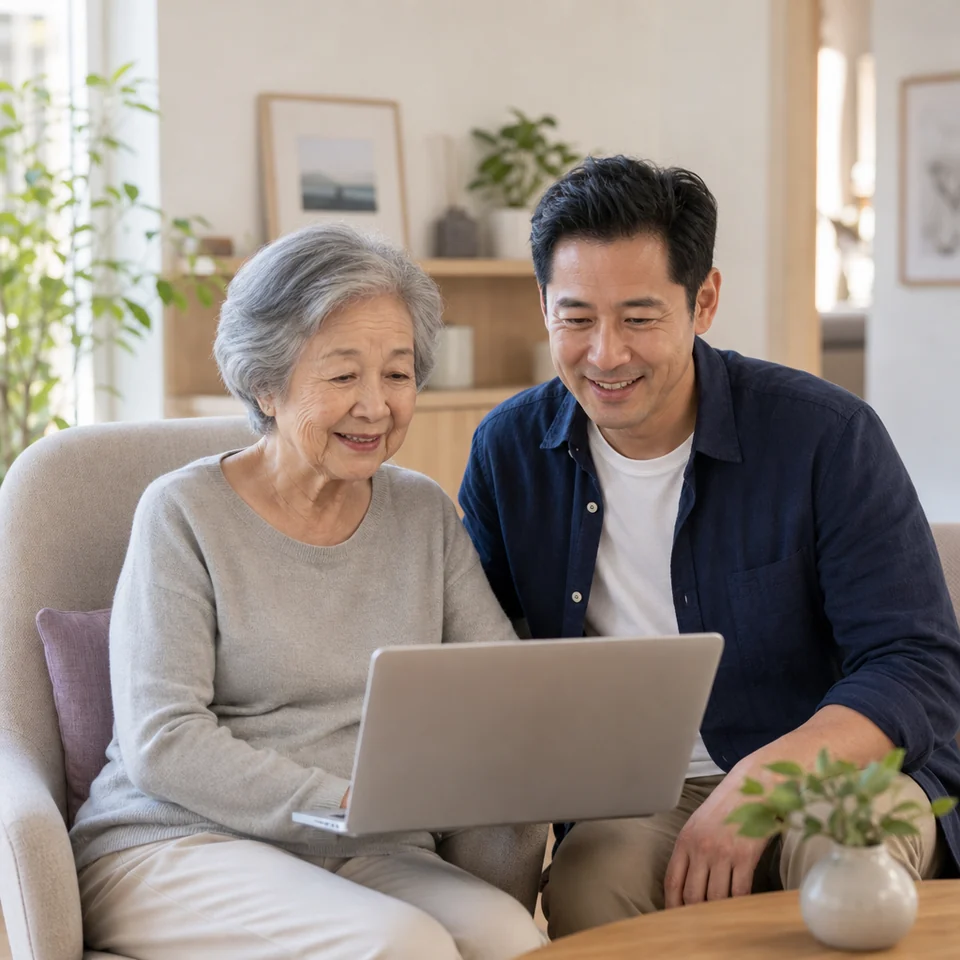 Older woman and her son on a video check-in with her care team