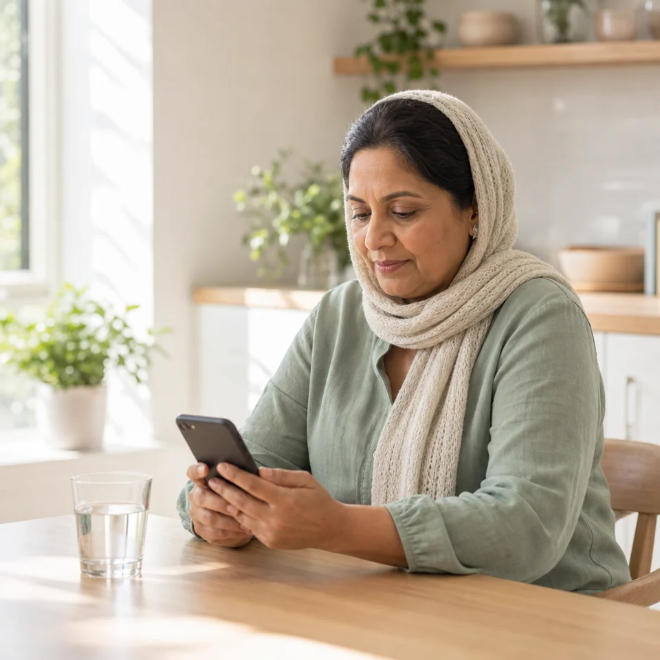 Woman at her kitchen table completing a symptom check-in on her phone