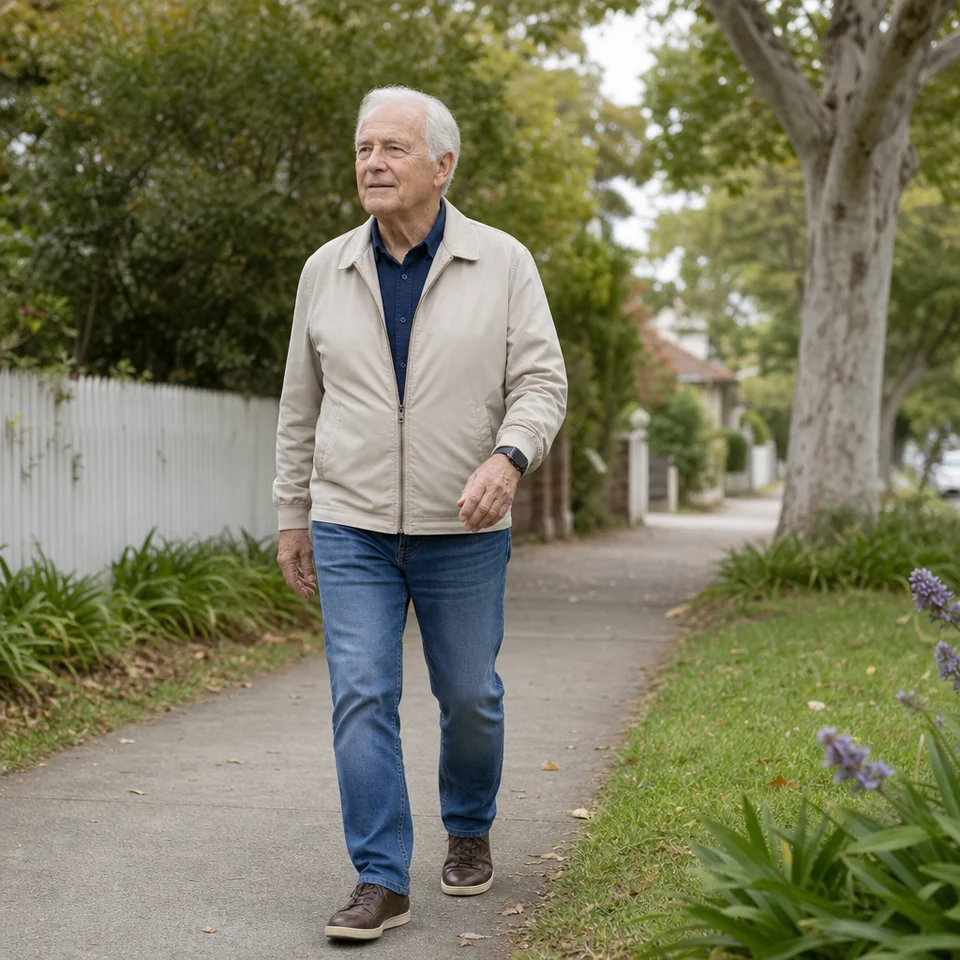 Older man taking a gentle walk outdoors, wearing a smartwatch